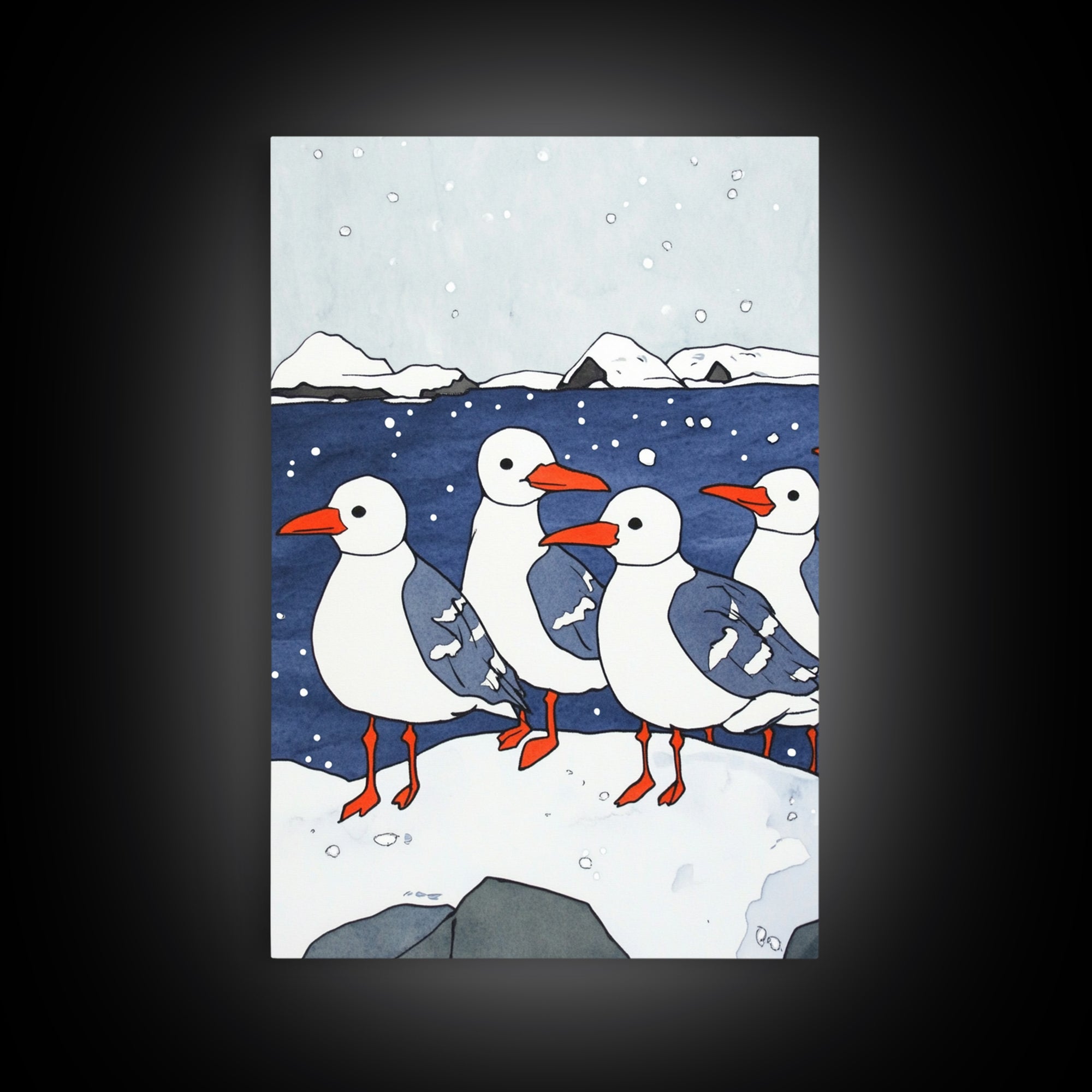 Arctic Seabirds On Snowy Shore Wall Art, Coastal Bird Print, Ocean Nursery Decor, Winter Wildlife Canvas Print Gift For Kids Room