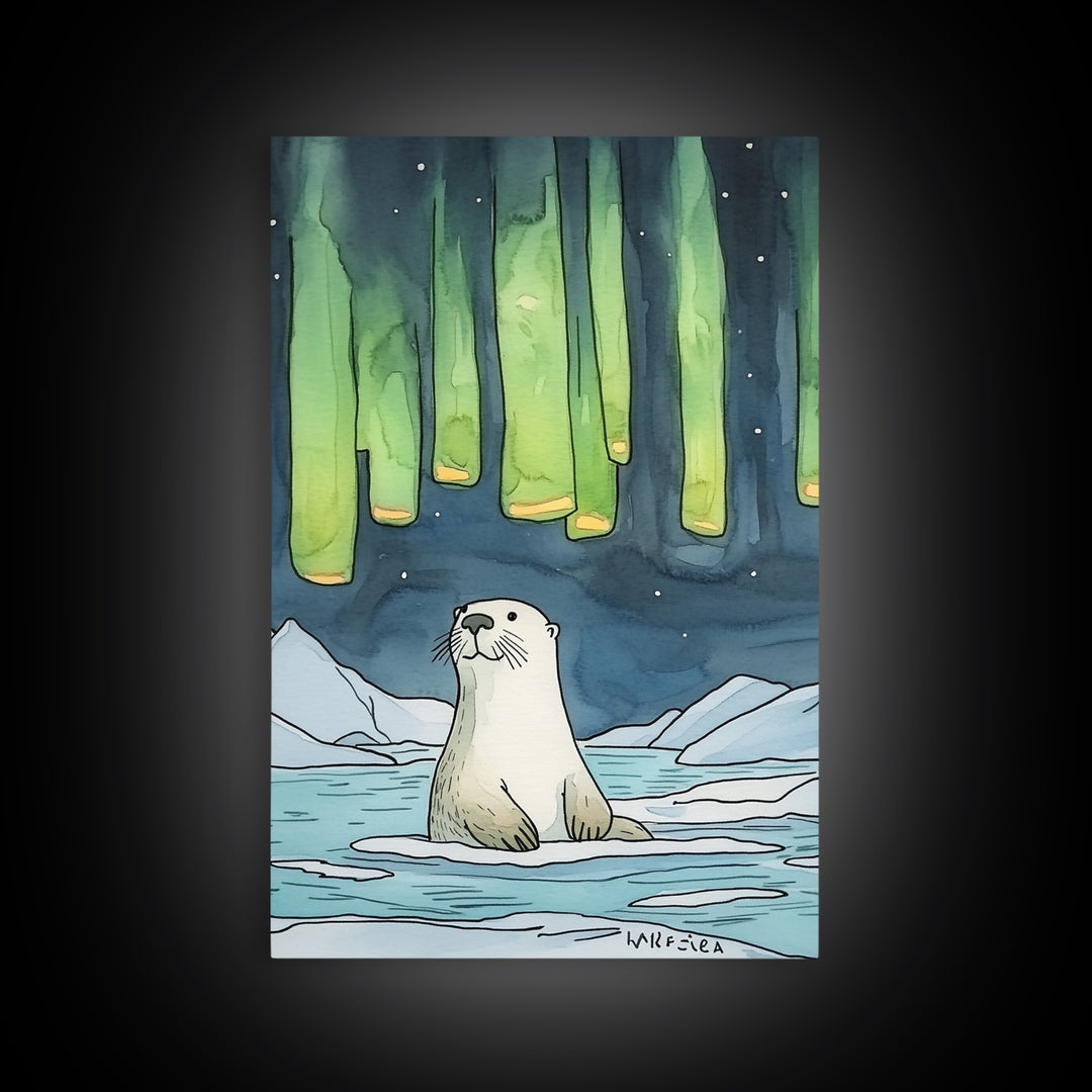 Whimsical Otter Under Northern Lights Wall Art, Arctic Animal Print, Kids Room Decor, Nursery Art, Coastal Nature Decor Gift