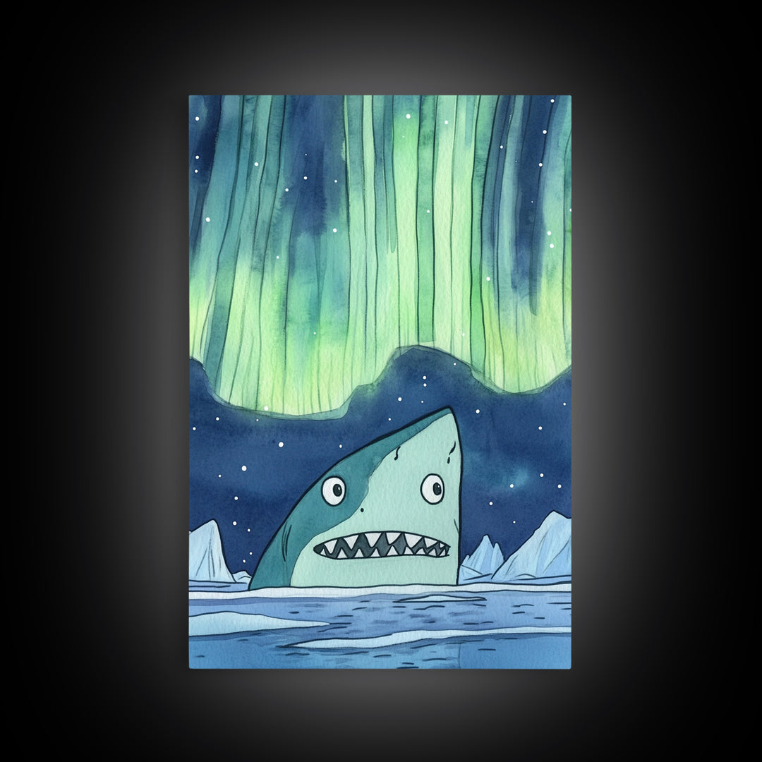 Whimsical Shark Under Northern Lights Wall Art, Arctic Ocean Print, Kids Room Decor, Nautical Nursery Art, Fun Coastal Decor
