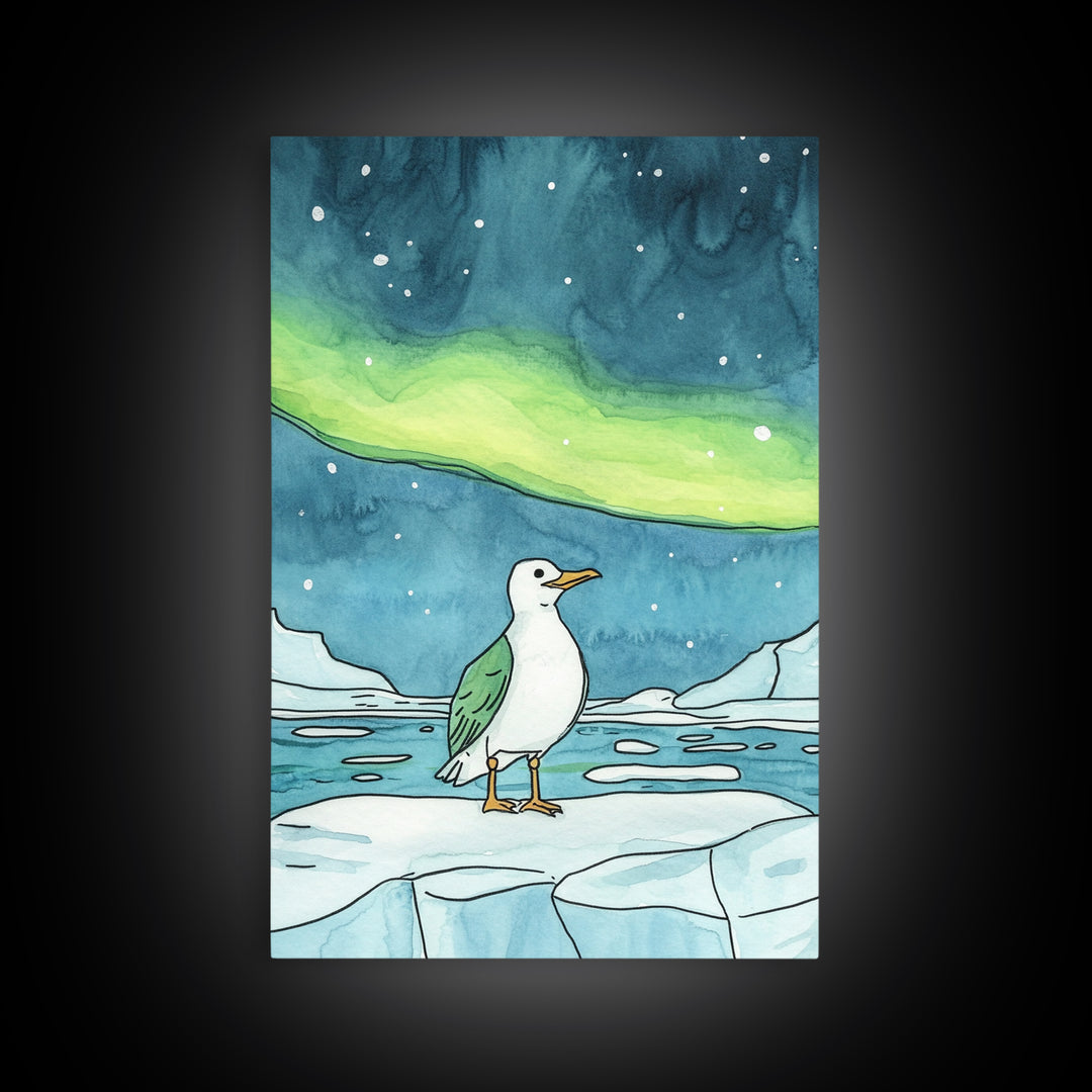 Seagull On Ice Under Aurora Wall Art, Arctic Coastal Bird Print, Ocean Nursery Decor, Nautical Bathroom Art, Beach House Decor