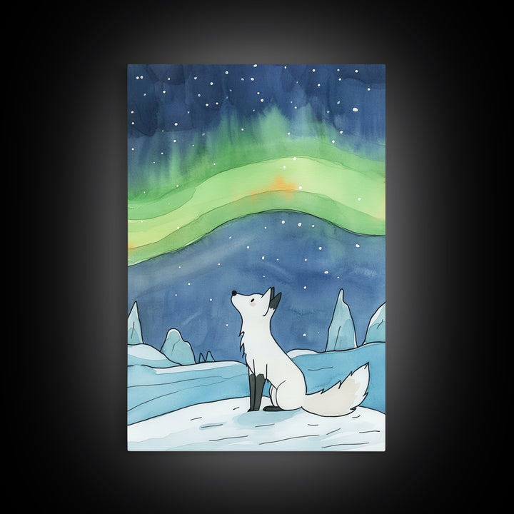 White Arctic Fox Under Aurora Wall Art, Celestial Night Sky Print, Winter Nursery Decor, Whimsical Wildlife Wall Decor, Gift For Her
