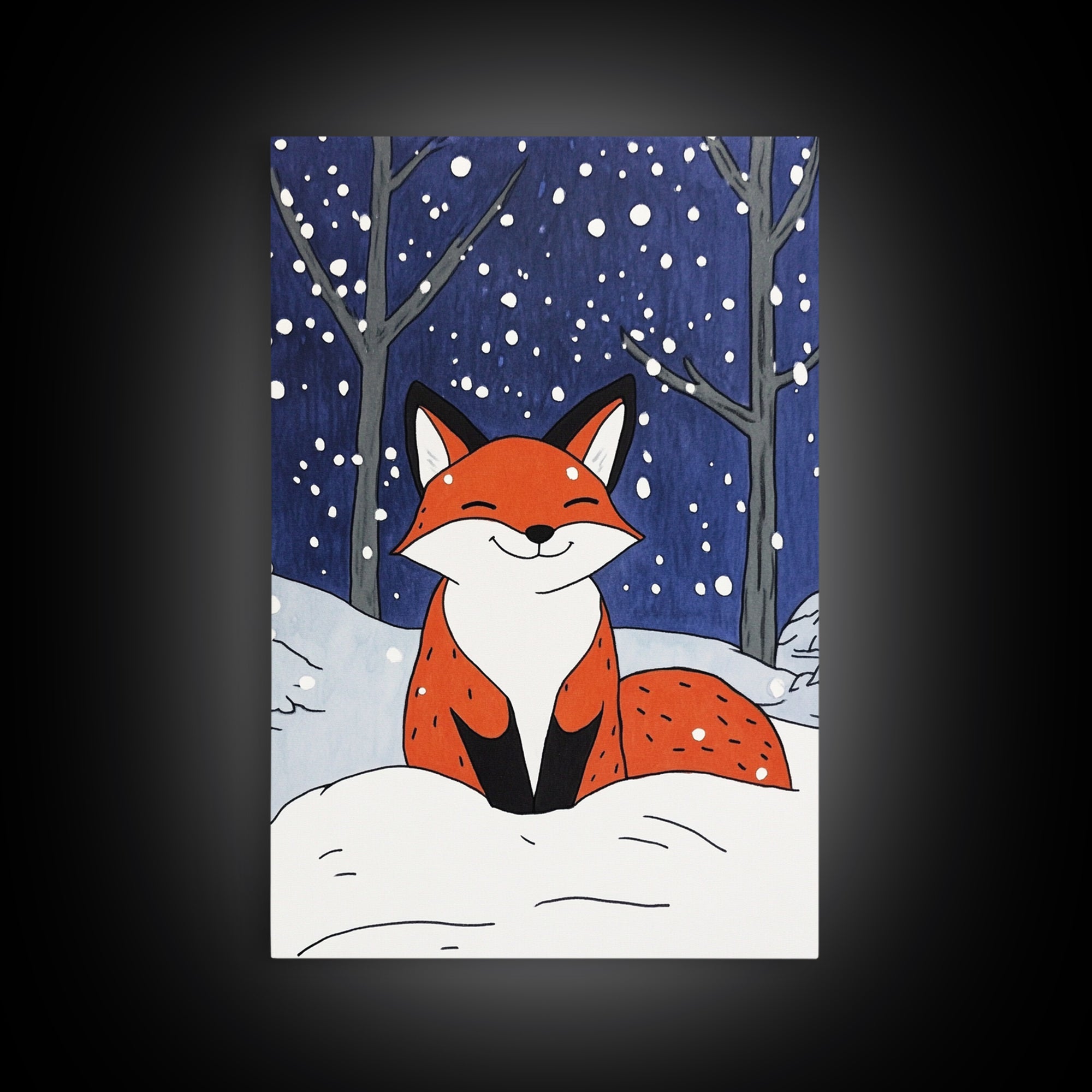 Smiling Red Fox In Falling Snow Wall Art, Cute Woodland Animal Art Print, Winter Nursery Decor, Whimsical Kids Room Decor