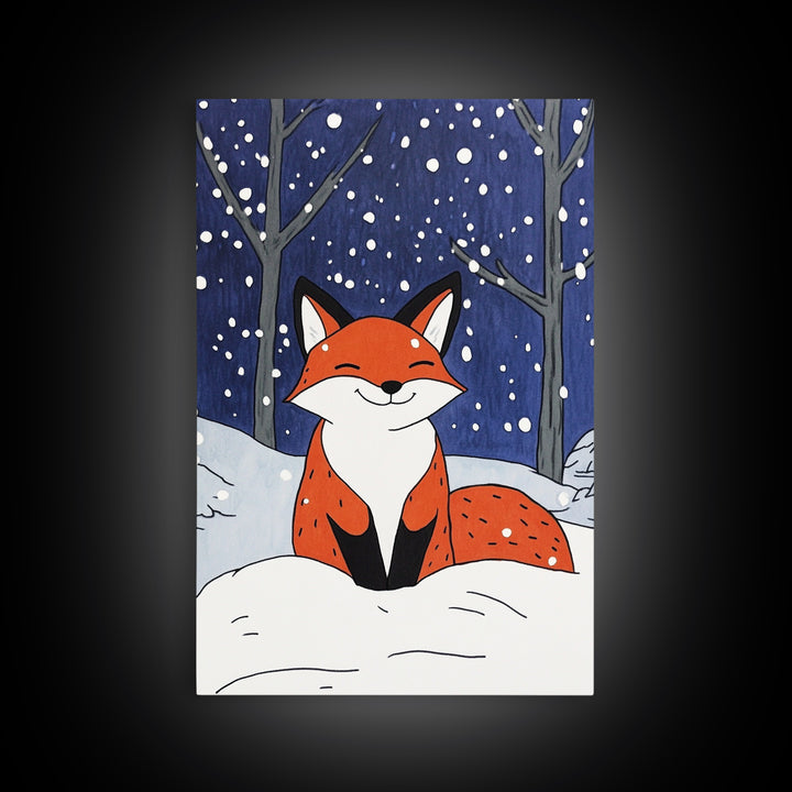 Smiling Red Fox In Falling Snow Wall Art, Cute Woodland Animal Art Print, Winter Nursery Decor, Whimsical Kids Room Decor