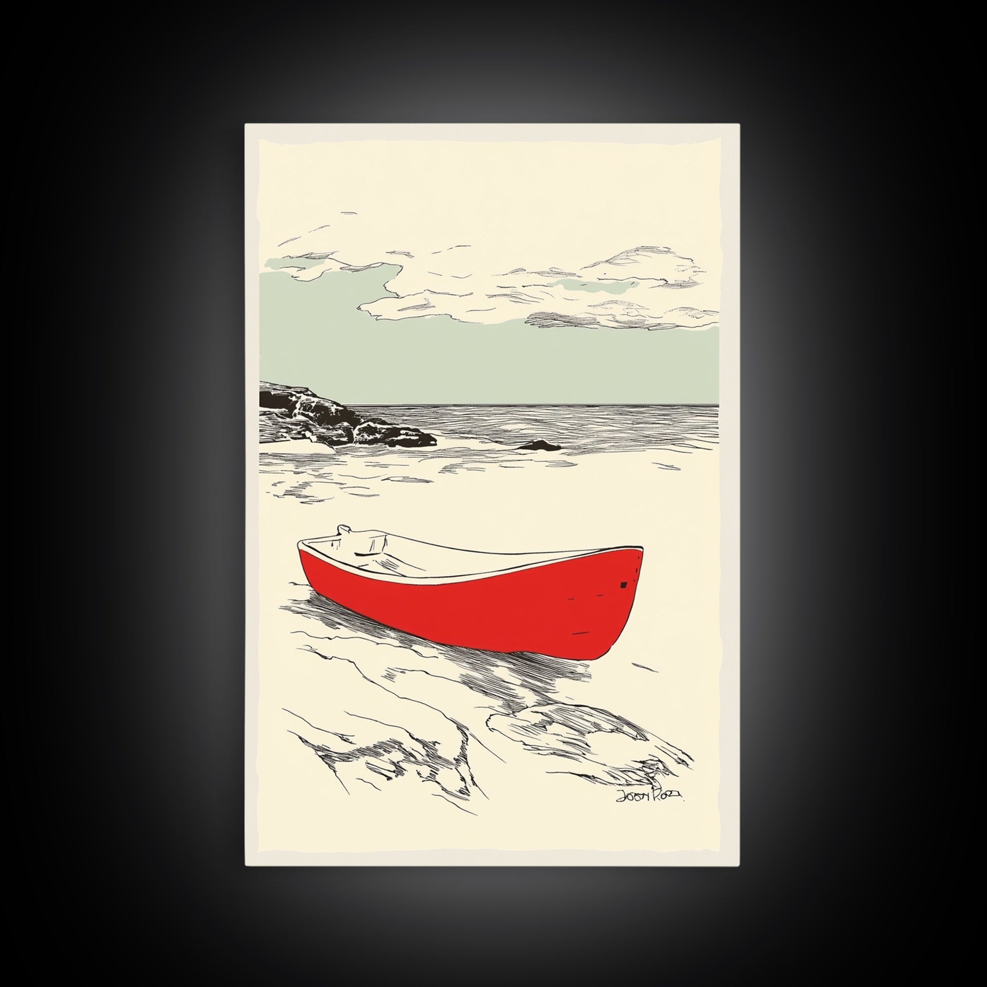 Red Rowboat On Rocky Shore Wall Art, Nautical Coastal Print, Beach House Decor, Seascape Wall Art, Lake House Gift For Him