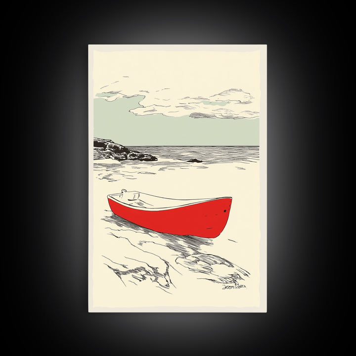 Red Rowboat On Rocky Shore Wall Art, Nautical Coastal Print, Beach House Decor, Seascape Wall Art, Lake House Gift For Him