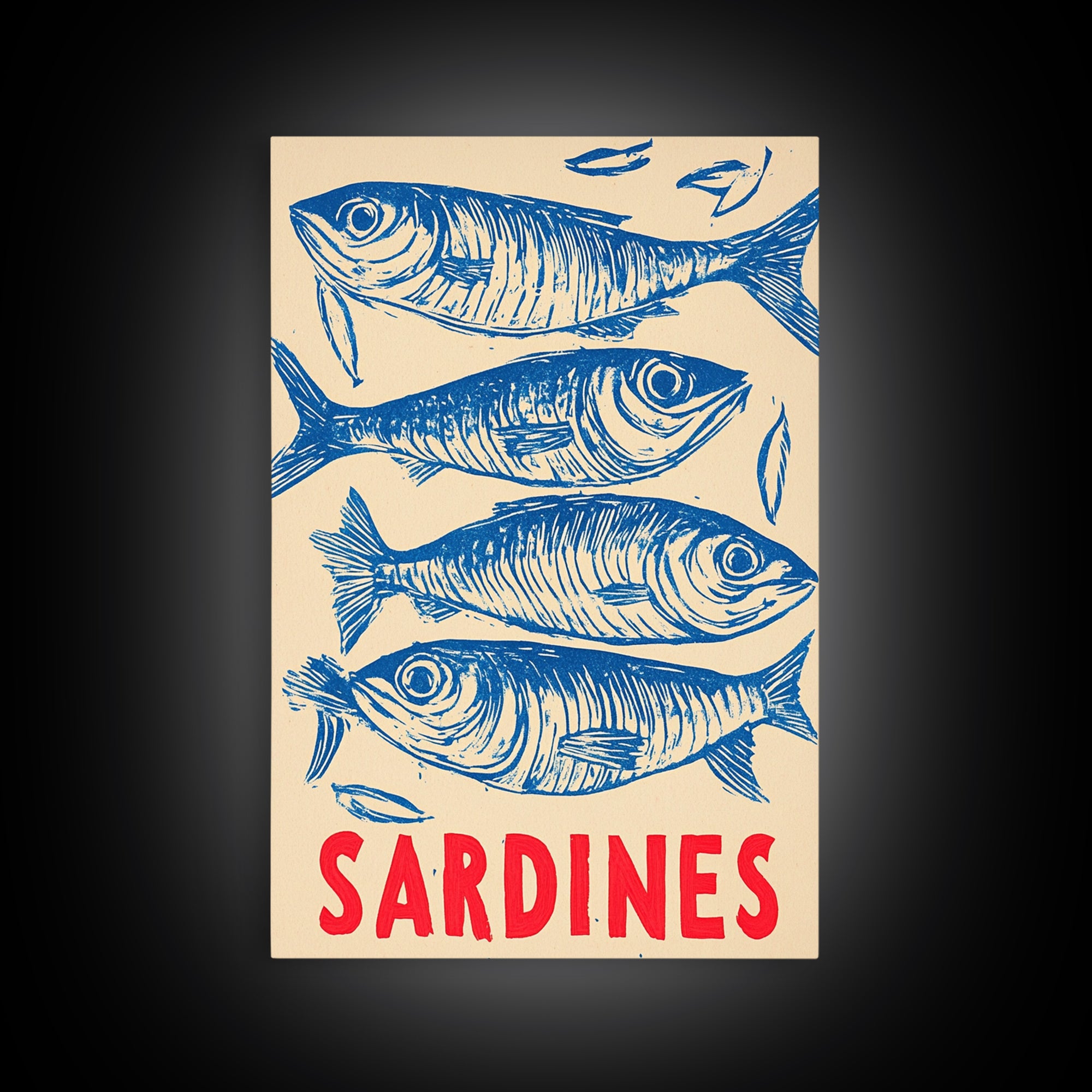 Blue Sardines Seafood Poster Canvas Print, Coastal Kitchen Wall Art, Nautical Wall Decor, Ocean Fish Art For Home Decor Gift