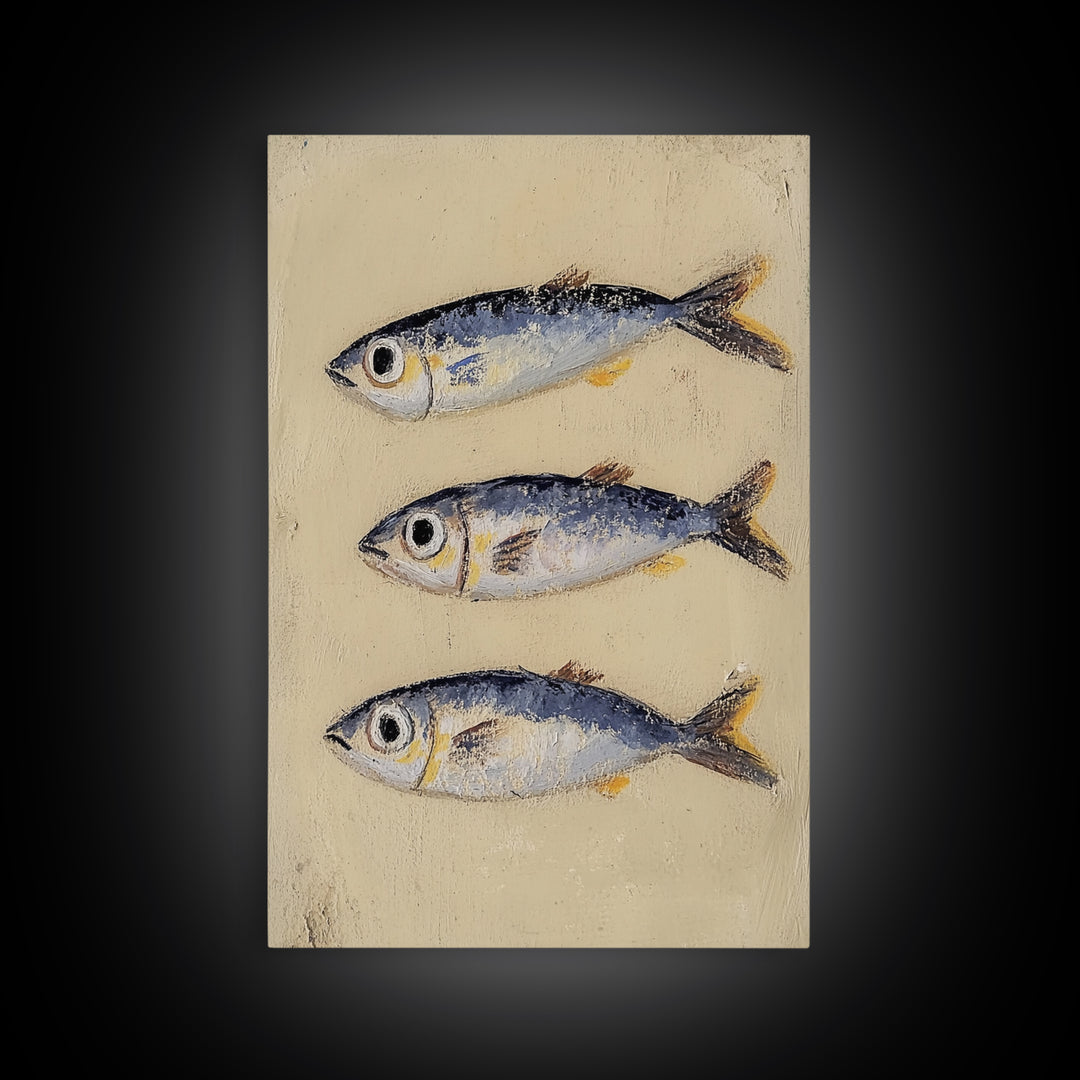 Three Silver Sardine Fish Painting Wall Art, Coastal Kitchen Decor, Nautical Sea Life Canvas, Beach House Gift Print For Home Decor