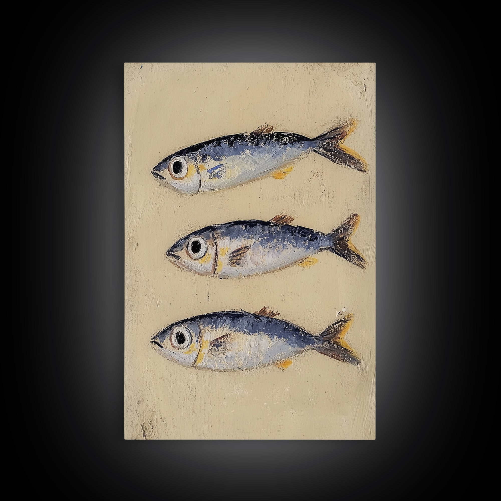 Three Silver Sardine Fish Painting Wall Art, Coastal Kitchen Decor, Nautical Sea Life Canvas, Beach House Gift Print For Home Decor