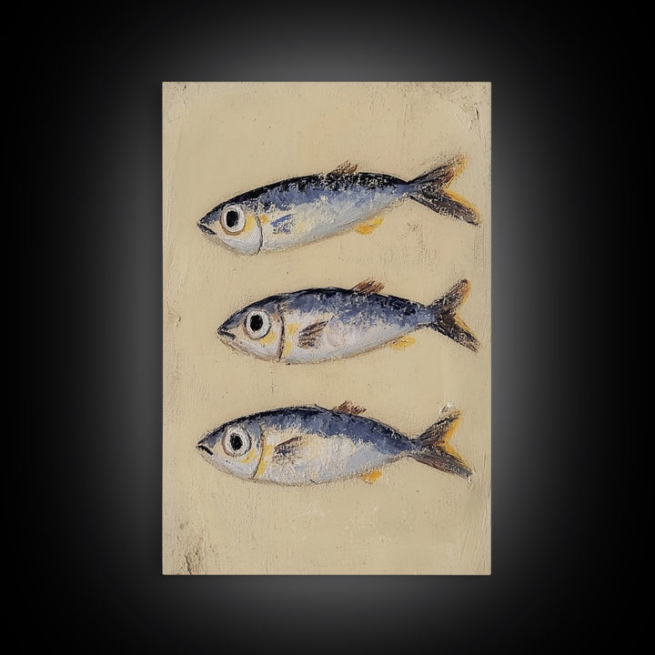 Three Silver Sardine Fish Painting Wall Art, Coastal Kitchen Decor, Nautical Sea Life Canvas, Beach House Gift Print For Home Decor