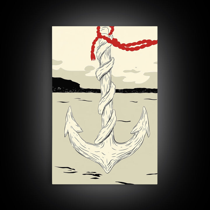 White Rope Anchor Illustration Wall Art, Nautical Coastal Decor, Beach House Canvas Print, Seaside Gift For Him, Ocean Wall Decor