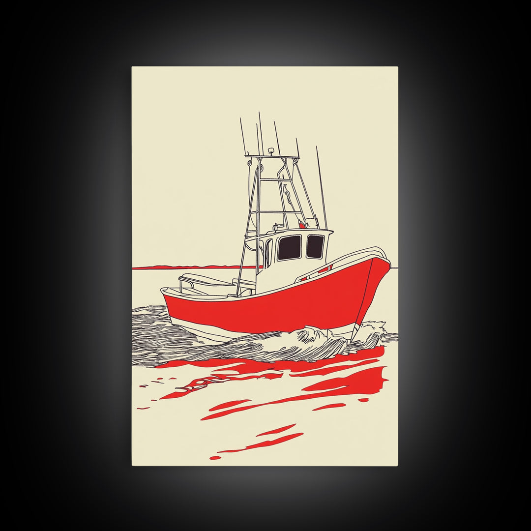Red Fishing Boat Illustration Canvas Print, Nautical Wall Art, Coastal Beach House Decor, Maritime Gift For Him, Ocean Wall Decor