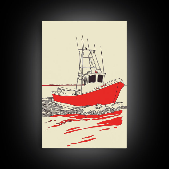 Red Fishing Boat Illustration Canvas Print, Nautical Wall Art, Coastal Beach House Decor, Maritime Gift For Him, Ocean Wall Decor