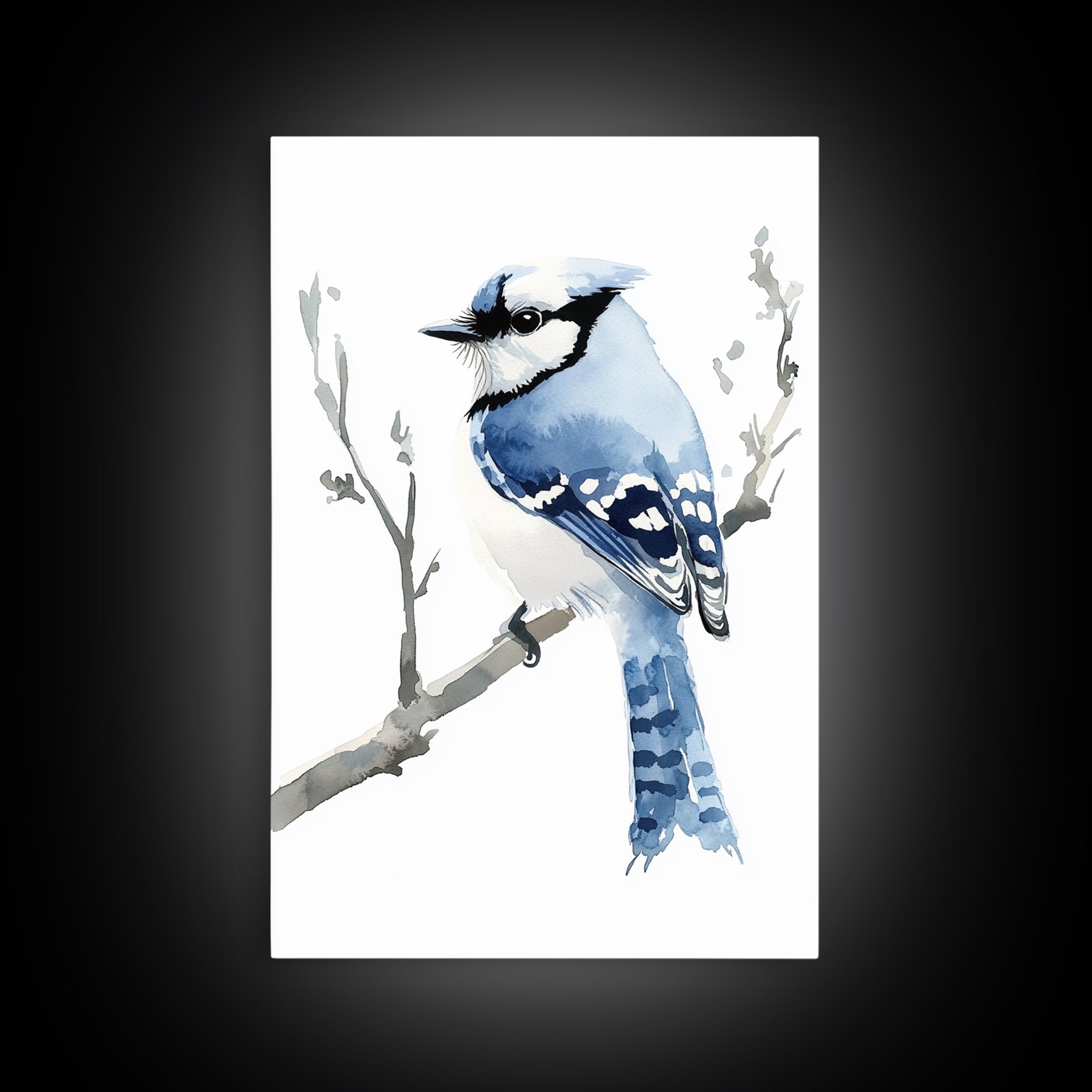 Blue Jay Perched On Branch Wall Art, Watercolor Bird Print, Woodland Nursery Decor, Nature Canvas Print, Bird Lover Gift