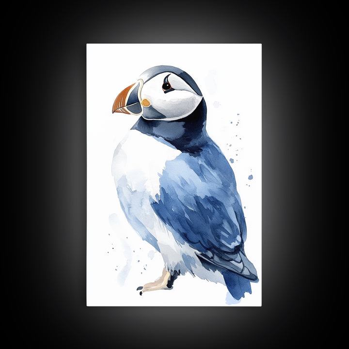 Atlantic Puffin Bird Watercolor Wall Art, Coastal Wildlife Decor, Nautical Canvas Print, Ocean Nursery Gift, Blue Seabird Art