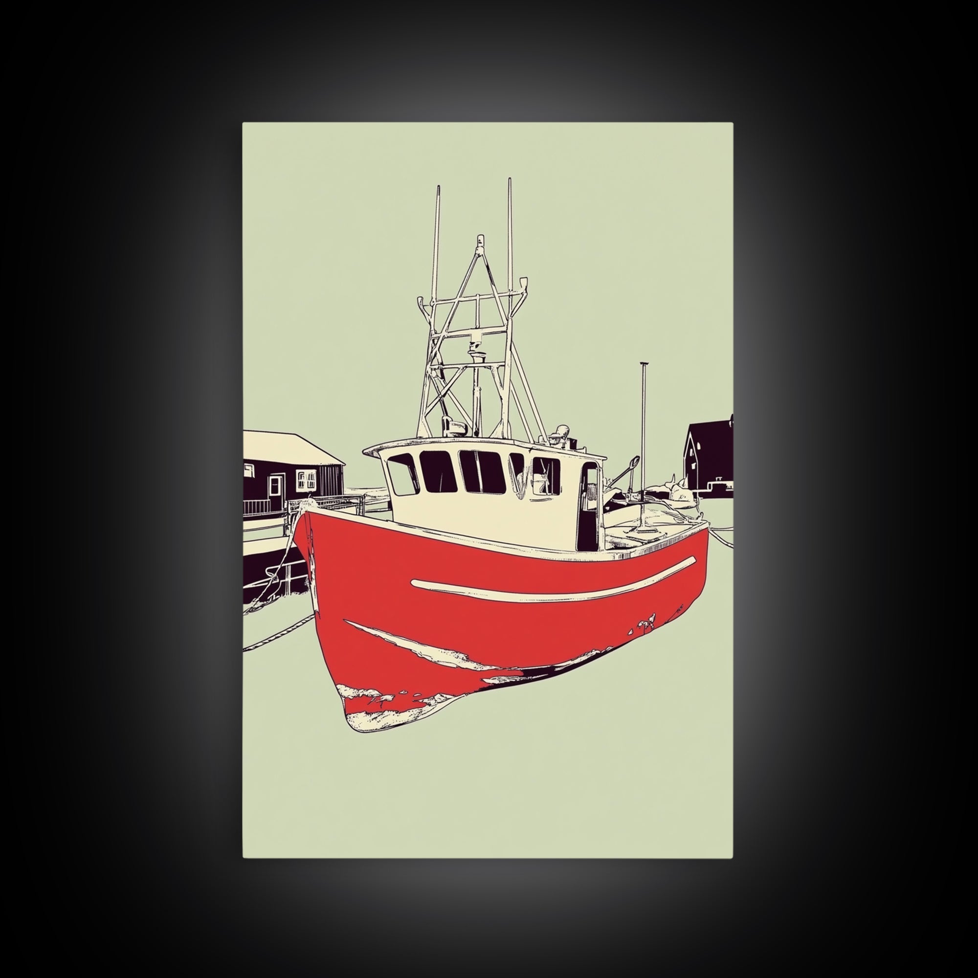 Red Fishing Boat In Harbor Wall Art, Nautical Coastal Canvas Print, Beach House Decor, Maritime Living Room Art Gift For Him