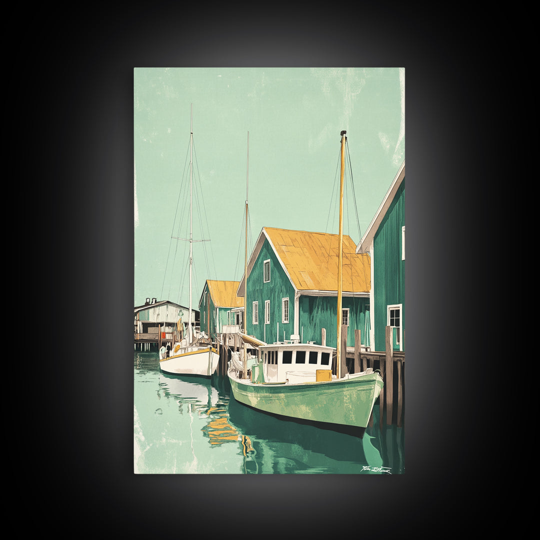 Green Fishing Boats By Dock Framed Canvas Print, Nautical Wall Art, Coastal Home Decor, Beach House Living Room Art Gift