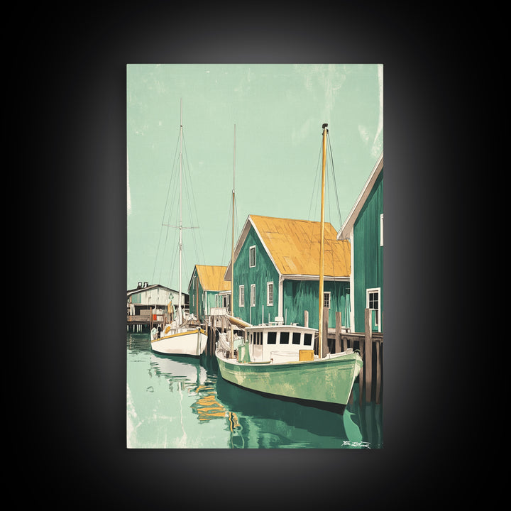 Green Fishing Boats By Dock Framed Canvas Print, Nautical Wall Art, Coastal Home Decor, Beach House Living Room Art Gift