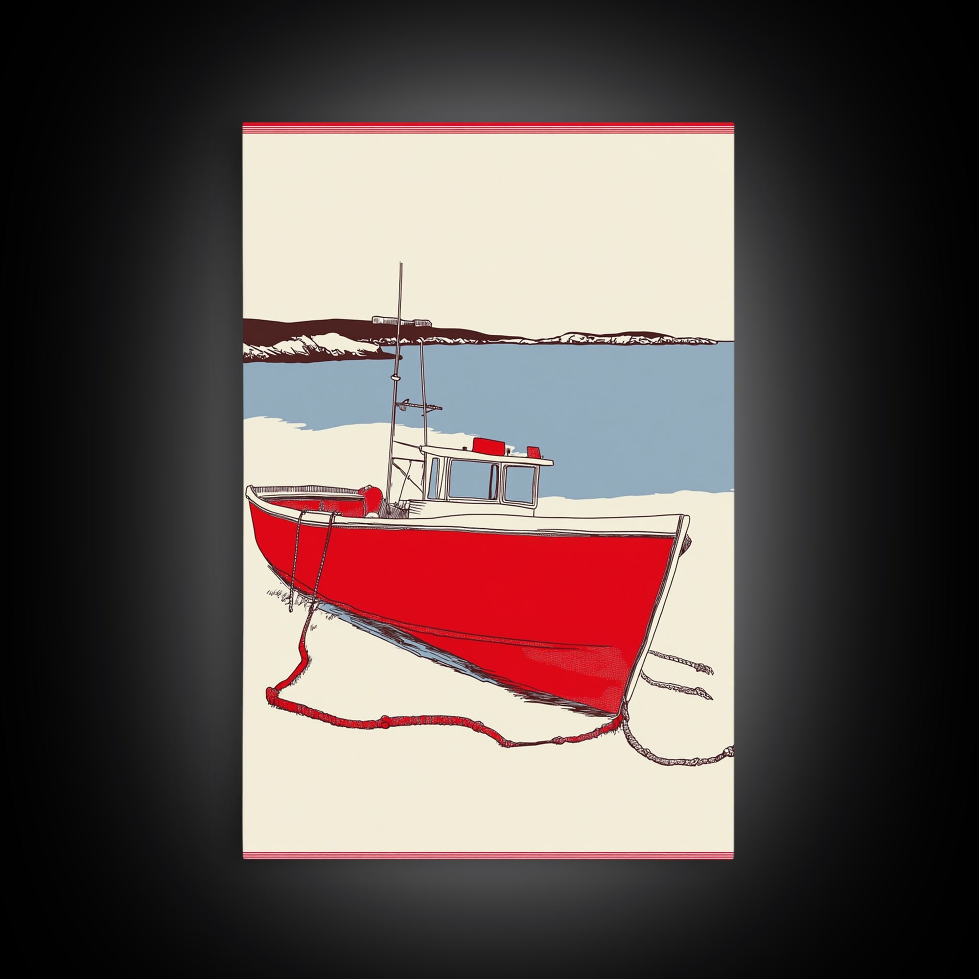 Red Lobster Boat On Blue Bay Wall Art, Nautical Coastal Canvas Print, Beach House Decor, Maritime Seascape Art Gift For Him