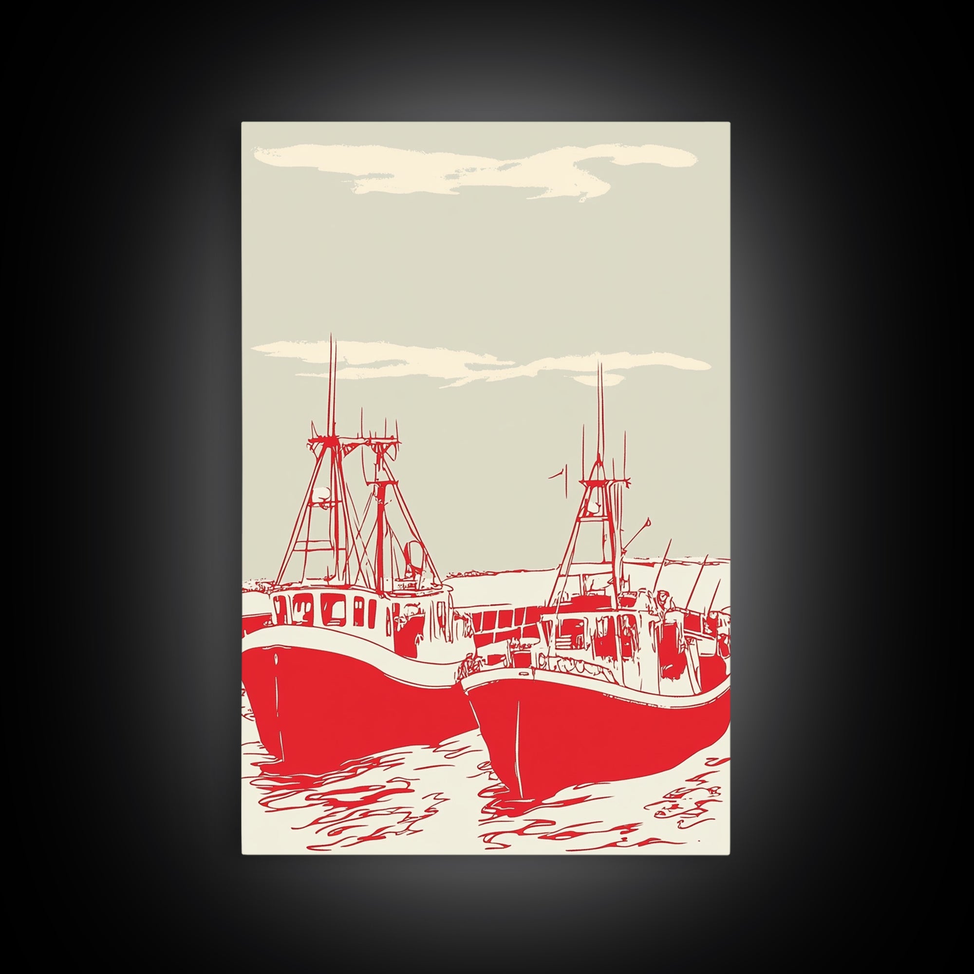 Two Red Fishing Boats At Harbor Canvas Print, Nautical Wall Art, Coastal Decor, Maritime Living Room Poster Gift For Him