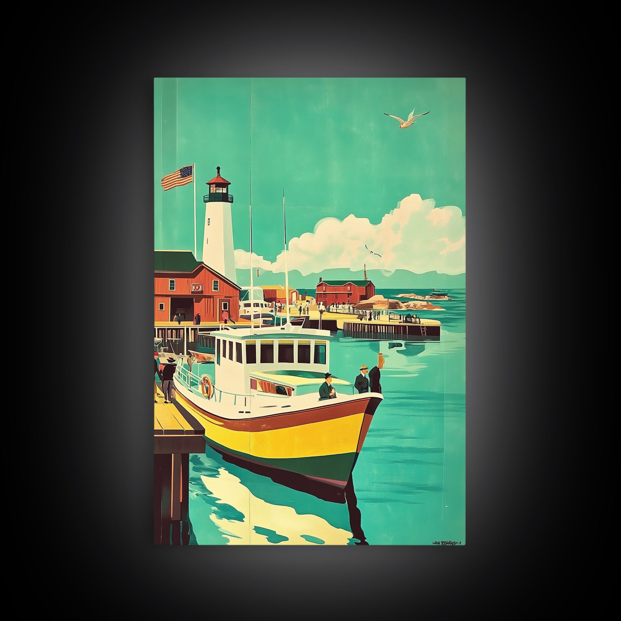 Harbor Boat With Lighthouse Framed Canvas Print, Coastal Wall Art, Nautical Travel Poster, Beach House Living Room Decor