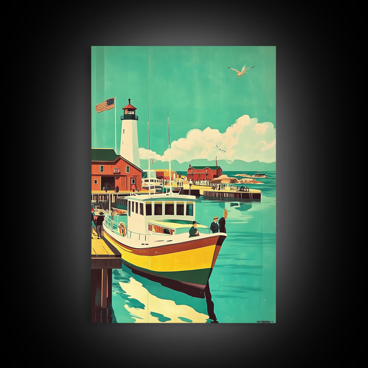 Harbor Boat With Lighthouse Framed Canvas Print, Coastal Wall Art, Nautical Travel Poster, Beach House Living Room Decor