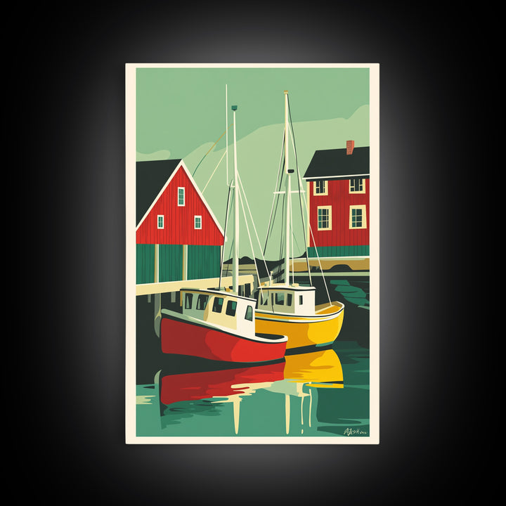 Red And Yellow Boats By Boathouse Wall Art, Nautical Coastal Canvas Print, Scandinavian Harbor Home Decor, Lake House Gift