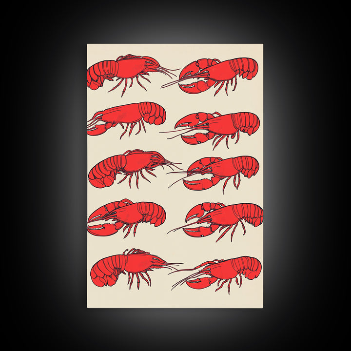 Red Lobster Pattern On Beige Wall Art, Coastal Kitchen Decor, Seafood Print, Nautical Home Decor, Beach House Dining Room Gift