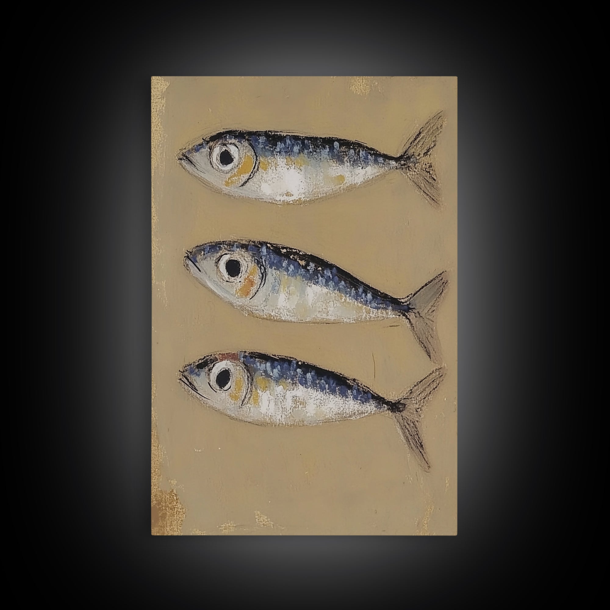 Three Blue Sardines On Beige Canvas Print, Coastal Kitchen Wall Art, Nautical Seafood Decor, Beach House Gift For Dining Room Home Decor