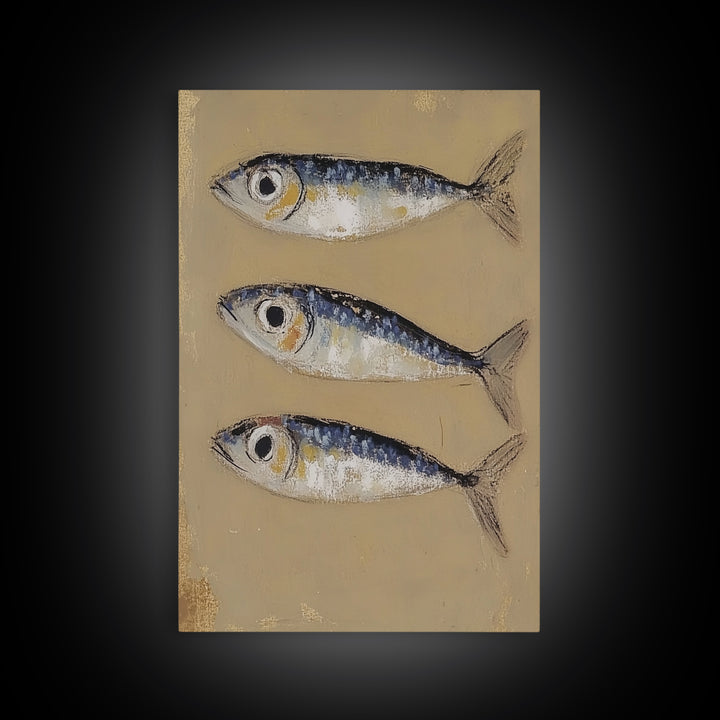 Three Blue Sardines On Beige Canvas Print, Coastal Kitchen Wall Art, Nautical Seafood Decor, Beach House Gift For Dining Room Home Decor
