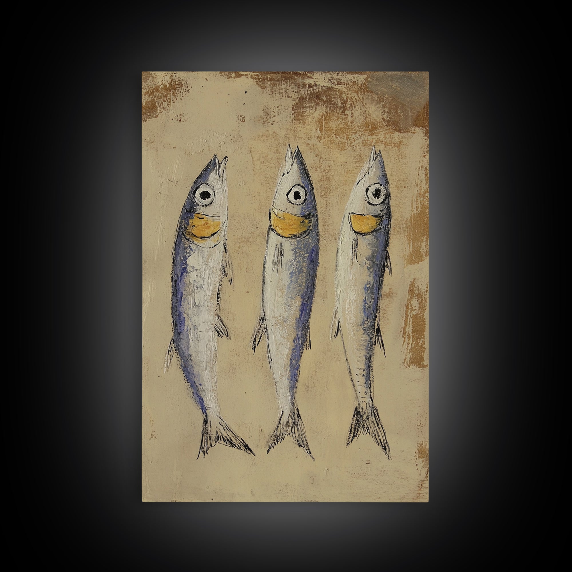 Rustic Three Sardines On Textured Beige Wall Art, Coastal Kitchen Decor, Nautical Fish Canvas Print For Beach House Dining Room