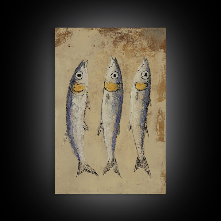 Rustic Three Sardines On Textured Beige Wall Art, Coastal Kitchen Decor, Nautical Fish Canvas Print For Beach House Dining Room