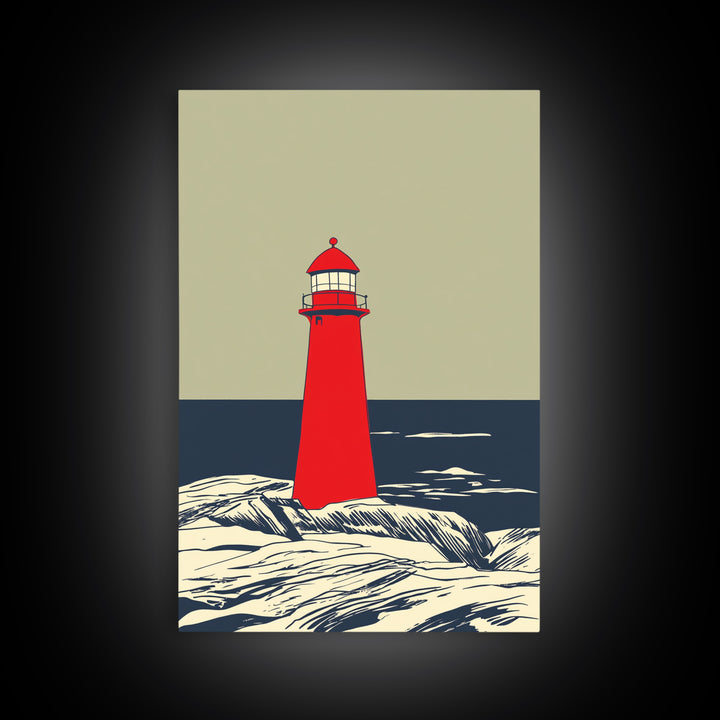 Red Lighthouse By Dark Sea Canvas Print, Nautical Wall Art, Coastal Beach House Decor, Ocean Poster For Living Room Home Decor