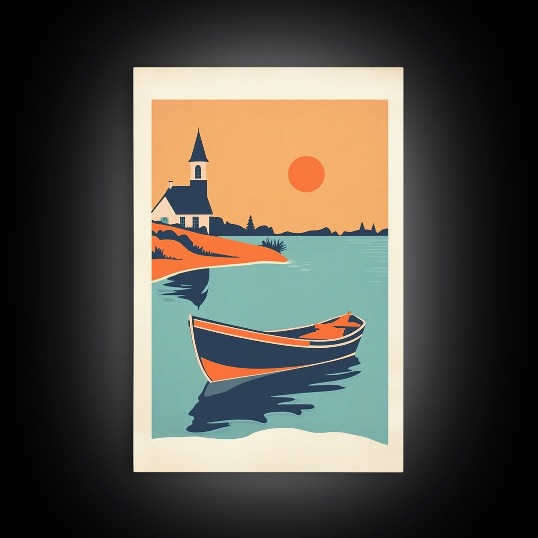Orange Sunset Boat And Church Wall Art, Coastal Travel Poster, Lake House Decor, Nautical Canvas Print, Summer Beach Gift