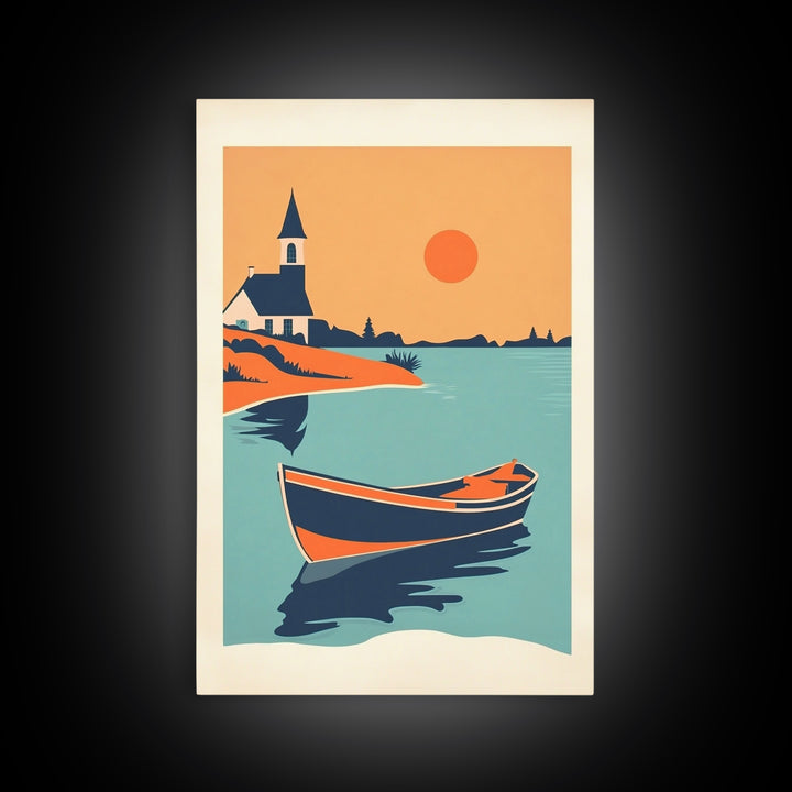 Orange Sunset Boat And Church Wall Art, Coastal Travel Poster, Lake House Decor, Nautical Canvas Print, Summer Beach Gift
