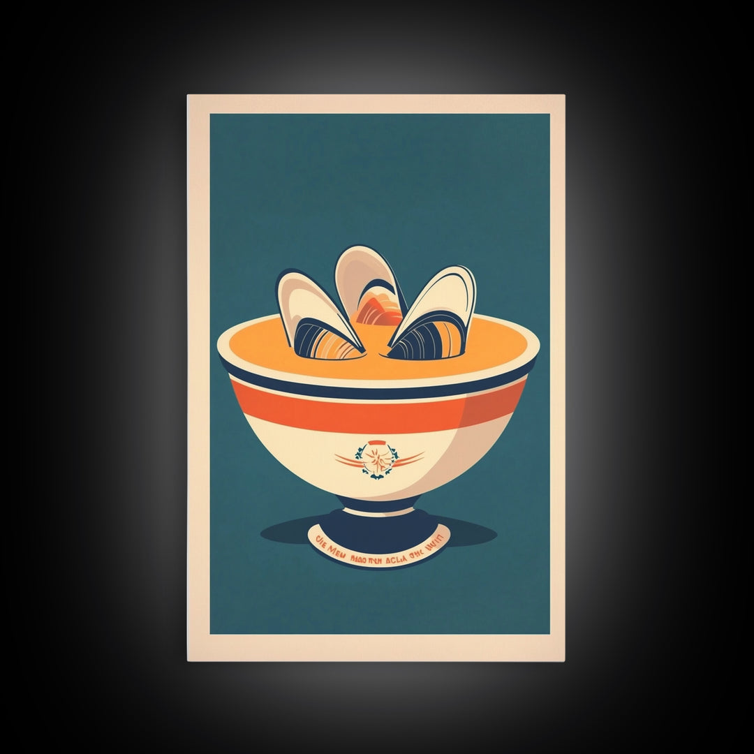 Retro Mussel Bowl Seafood Canvas Print, Coastal Kitchen Wall Art, Nautical Dining Room Decor, Shellfish Art Print Gift For Foodie