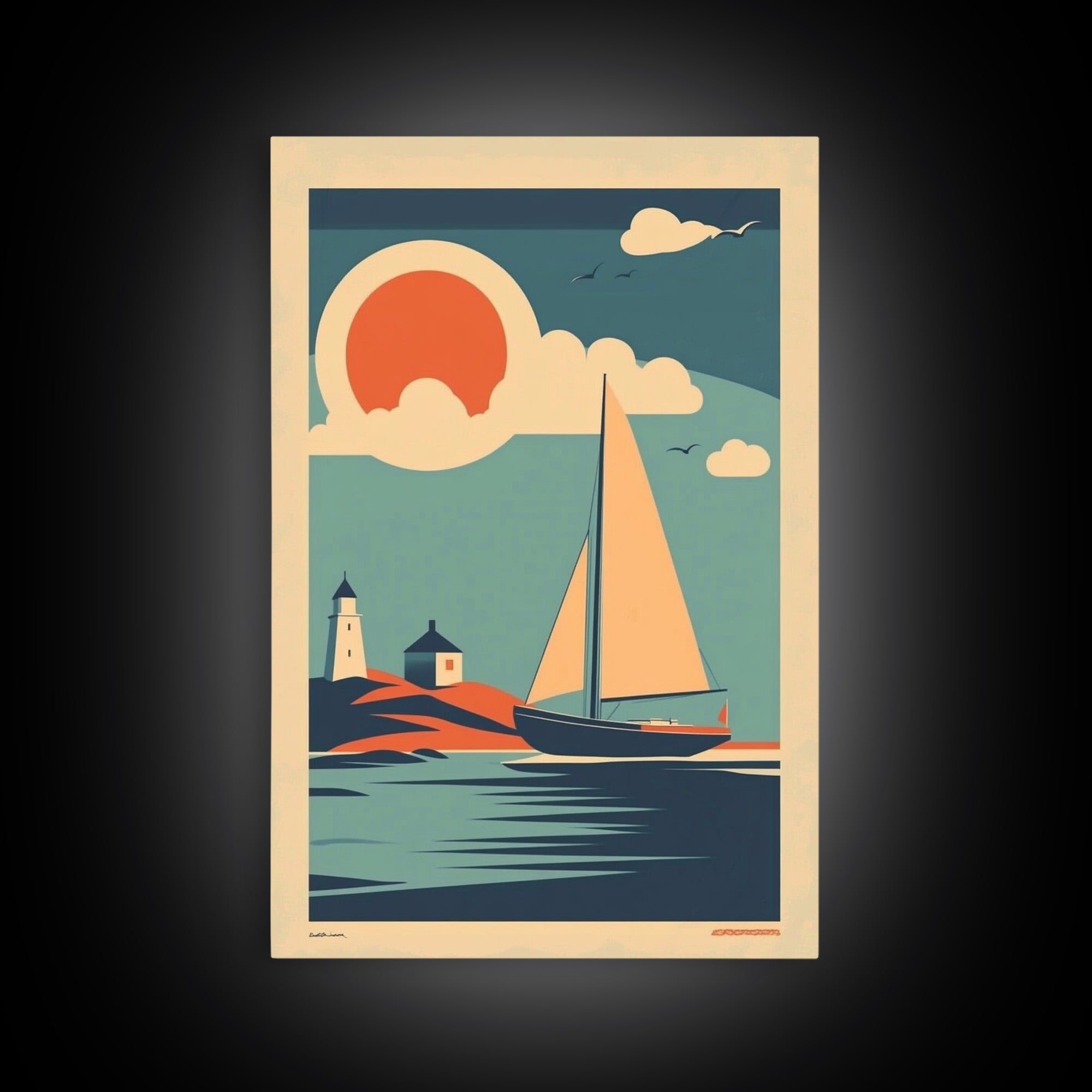 Art Deco Sailboat Lighthouse Sunset Wall Art, Coastal Travel Poster, Nautical Canvas Print, Beach House Decor Gift For Her