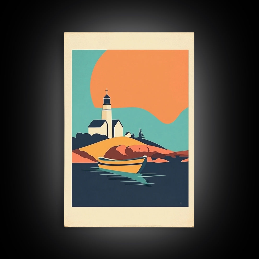 Lighthouse Cove With Rowboat Framed Canvas Print, Coastal Wall Art, Nautical Lake House Decor, Sunset Travel Poster Gift
