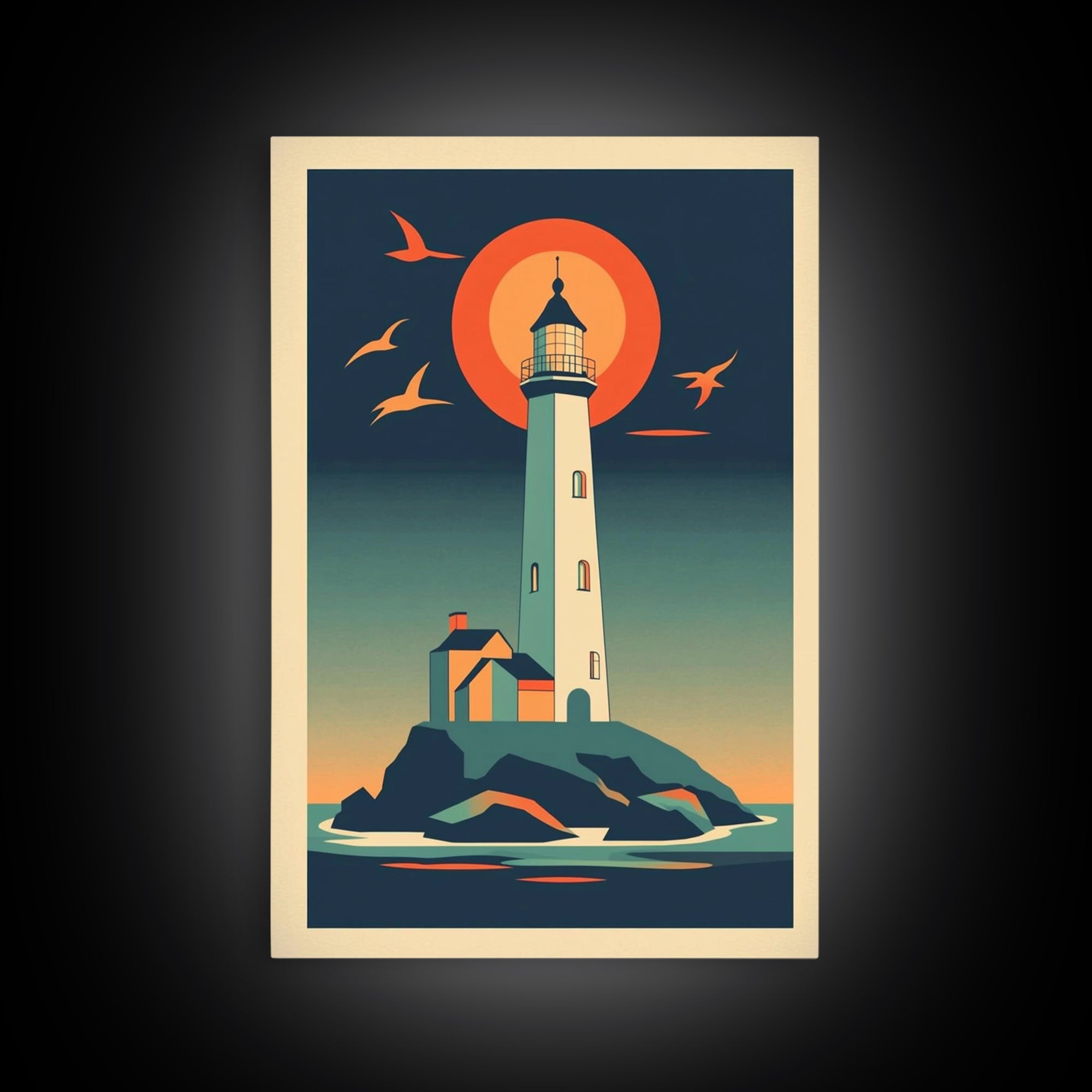 Retro Lighthouse At Sunset With Orange Sun And Seabirds Wall Art, Coastal Wall Decor, Nautical Art Print, Beach House Decor