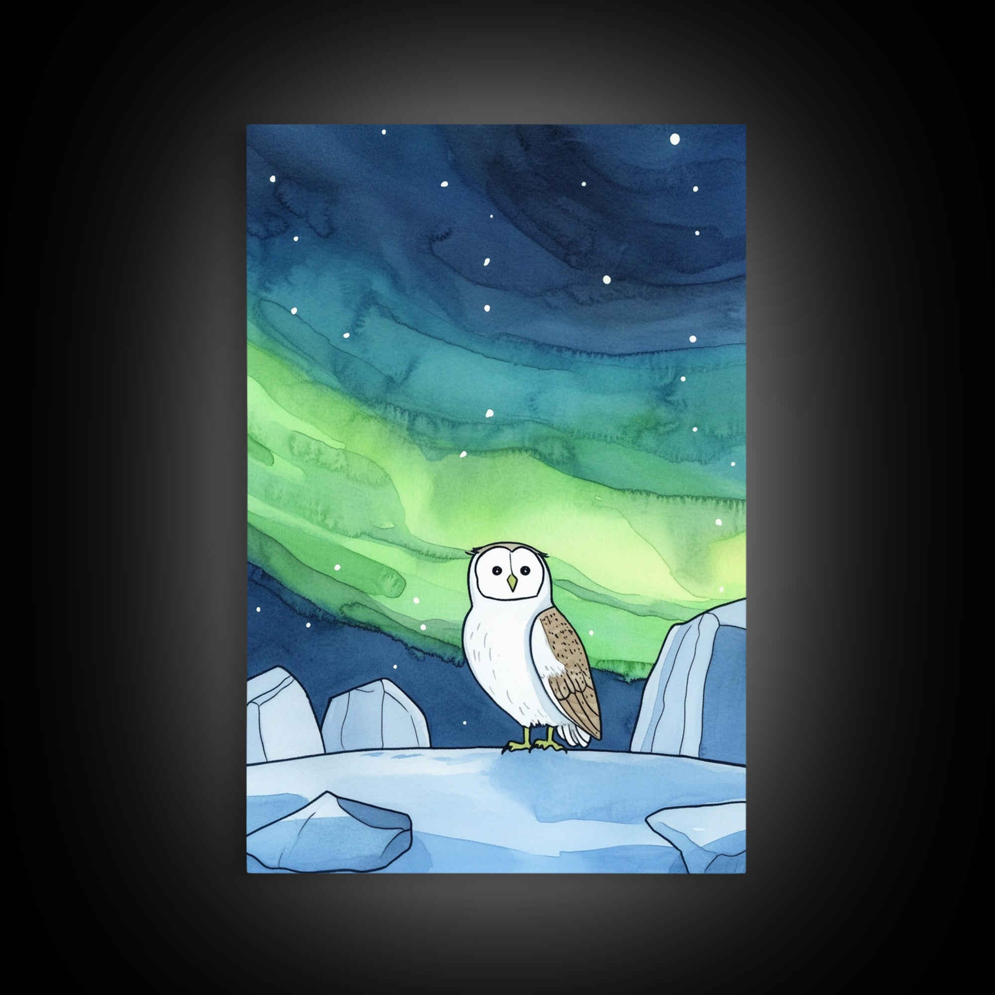 Snowy Owl Under Northern Lights Wall Art, Aurora Sky Canvas Print, Celestial Wall Decor, Arctic Nursery Art, Nature Gift