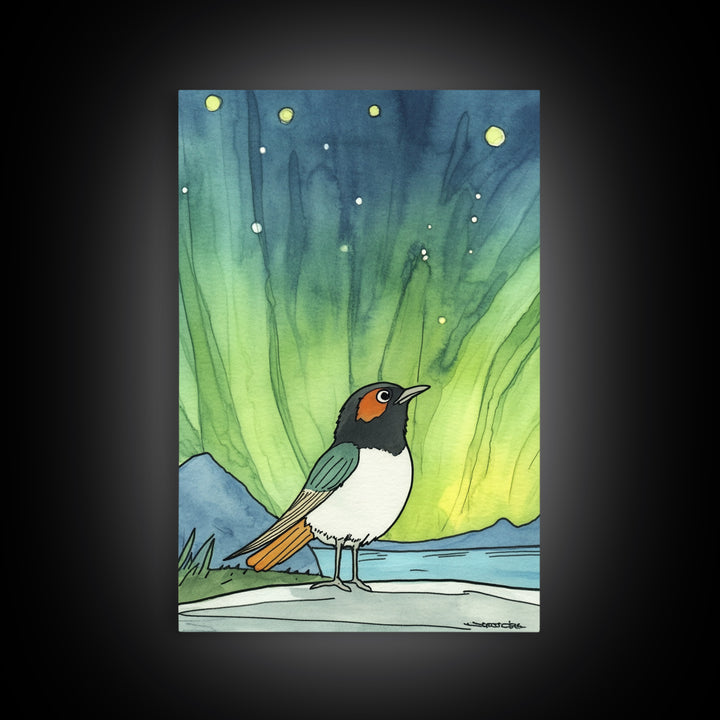 Robin Bird Beneath Green Northern Lights Canvas Print, Aurora Wall Art, Celestial Decor, Nature Wall Decor, Whimsical Art