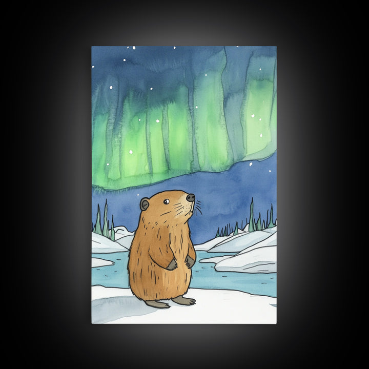 Whimsical Beaver Aurora Wall Art, Northern Lights Animal Print, Winter Nursery Decor, Woodland Animal Gift, Cozy Kids Room Decor
