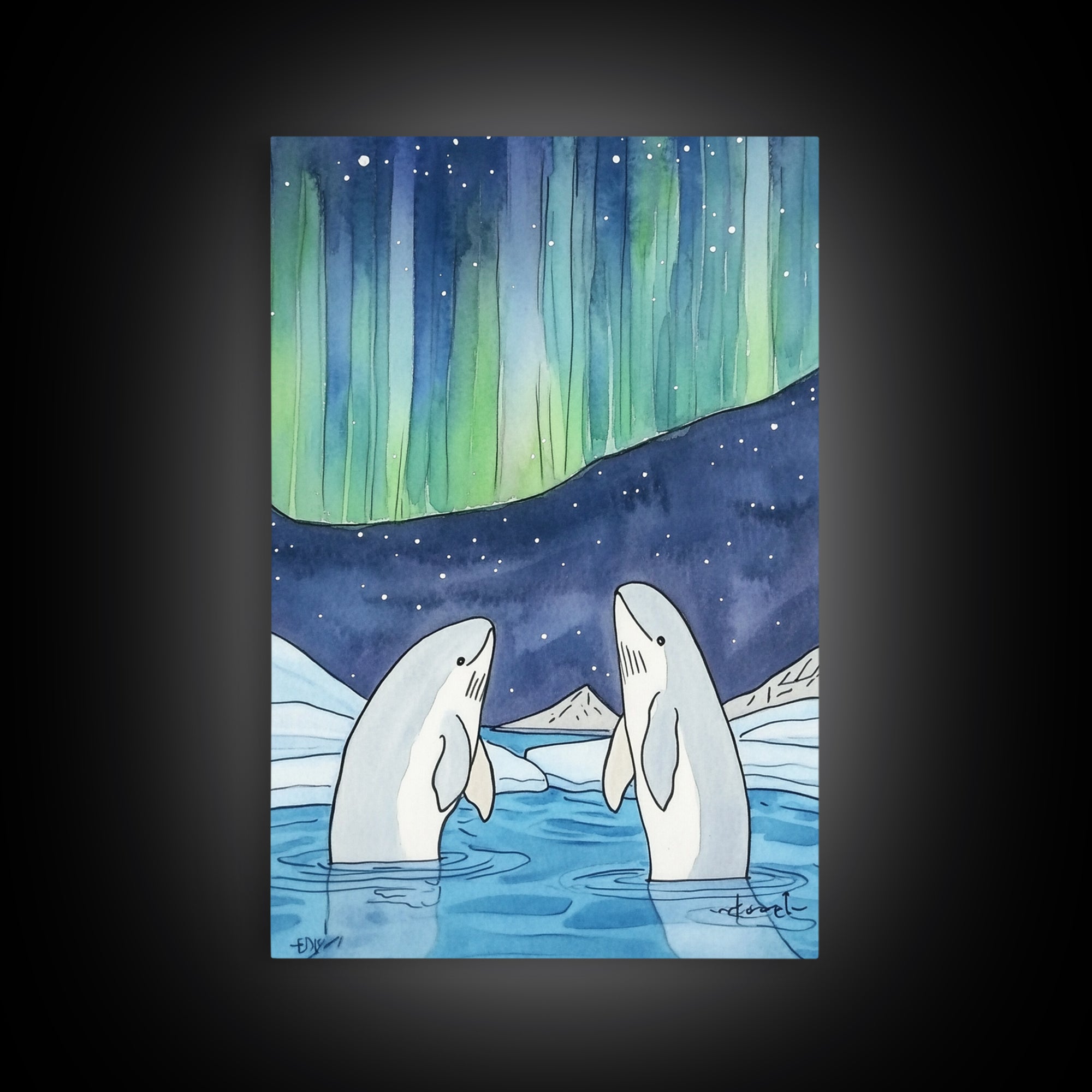 Northern Lights Beluga Whales Canvas Print, Aurora Borealis Ocean Wall Art, Arctic Nursery Decor, Coastal Wall Decor, Gift For Her