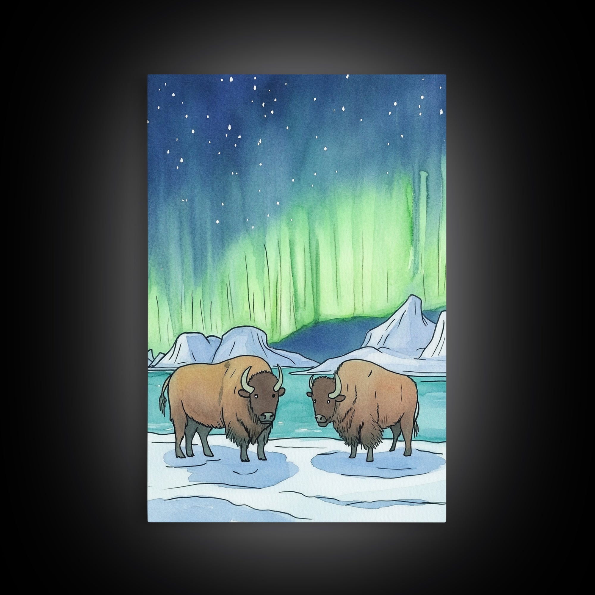 Aurora Bison In Snow Framed Canvas Print, Northern Lights Wall Art, Rustic Wildlife Art, Winter Nature Decor, Cabin Decor