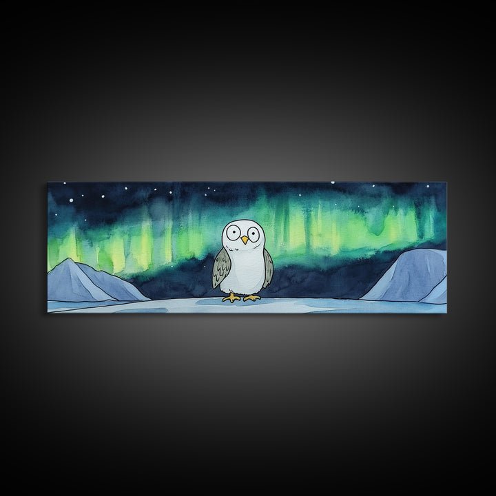 Northern Lights Owl Wall Art, Aurora Borealis Canvas Print, Whimsical Arctic Animal Decor, Kids Room Nursery Art Gift For Kids