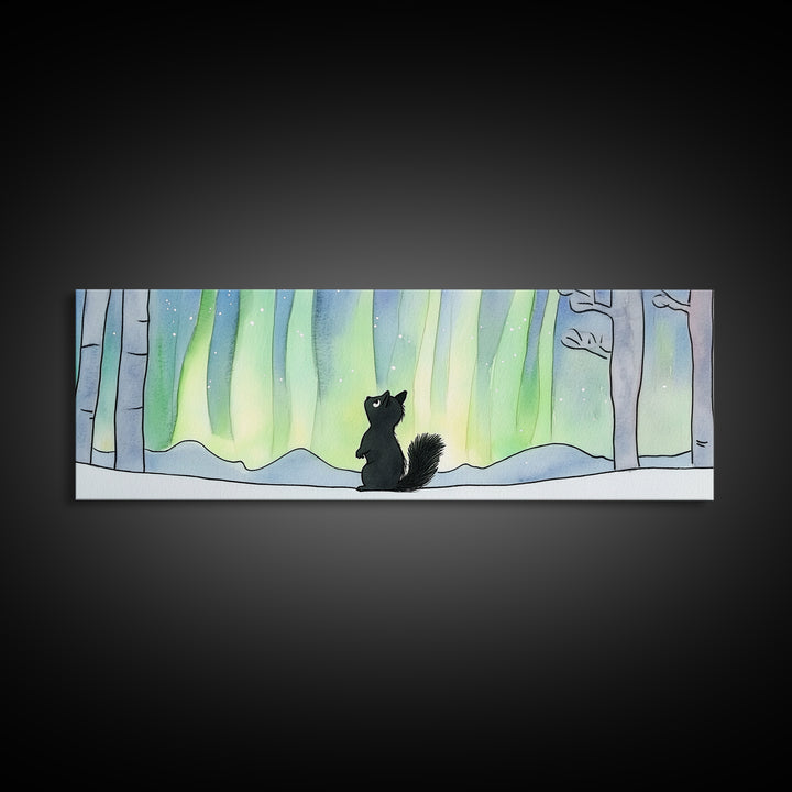 Black Squirrel Under Aurora Forest Wall Art, Winter Woodland Animal Print, Cute Nursery Decor, Northern Lights Wall Decor