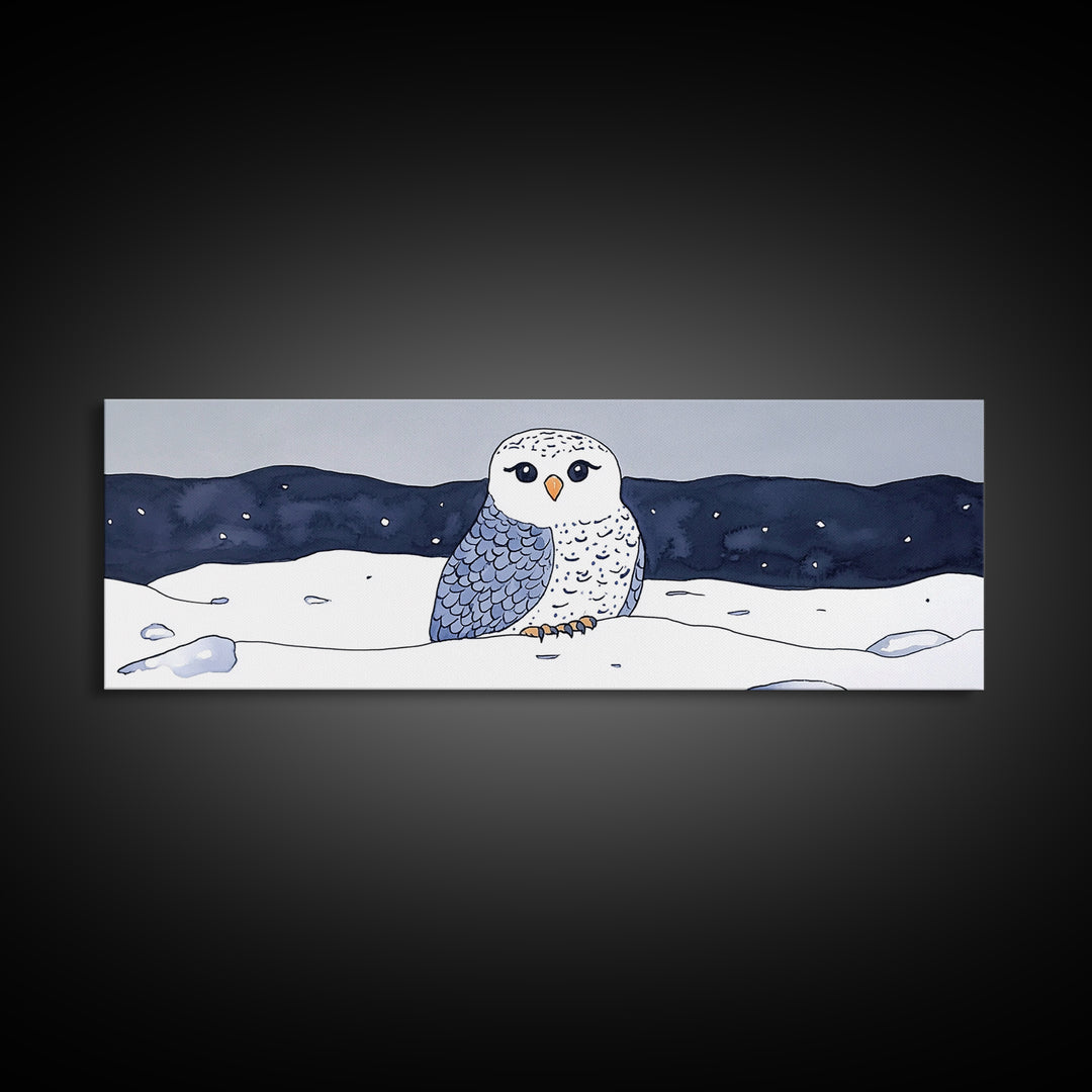Cute Snowy Owl In Winter Snow Canvas Print, Arctic Bird Wall Art, Nursery Animal Decor, Blue Night Landscape Art Print Gift