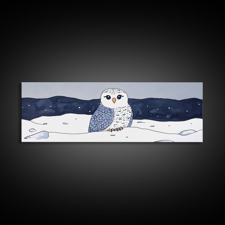 Cute Snowy Owl In Winter Snow Canvas Print, Arctic Bird Wall Art, Nursery Animal Decor, Blue Night Landscape Art Print Gift