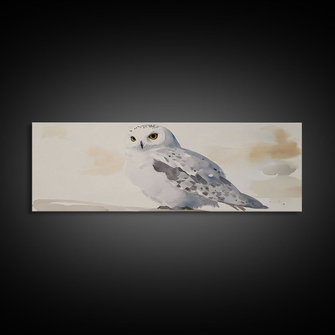 Snowy Owl In Soft Beige Sky Framed Canvas Print, Arctic Bird Wall Art, Neutral Wildlife Decor, Minimalist Nature Print Gift