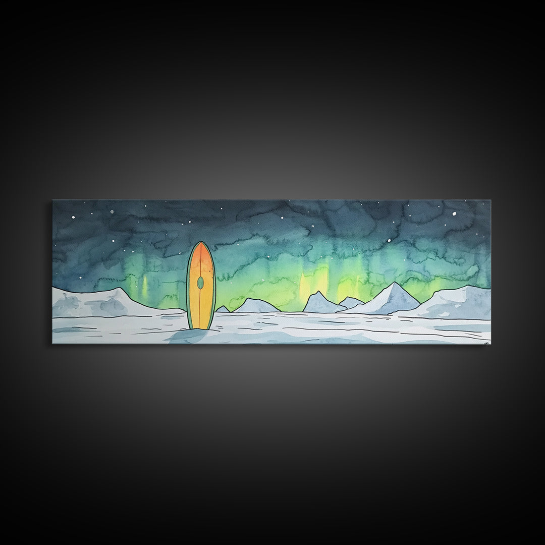 Aurora Surfboard Arctic Mountains Wall Art, Panoramic Canvas Print, Coastal Cabin Decor, Winter Landscape Gift For Beach House