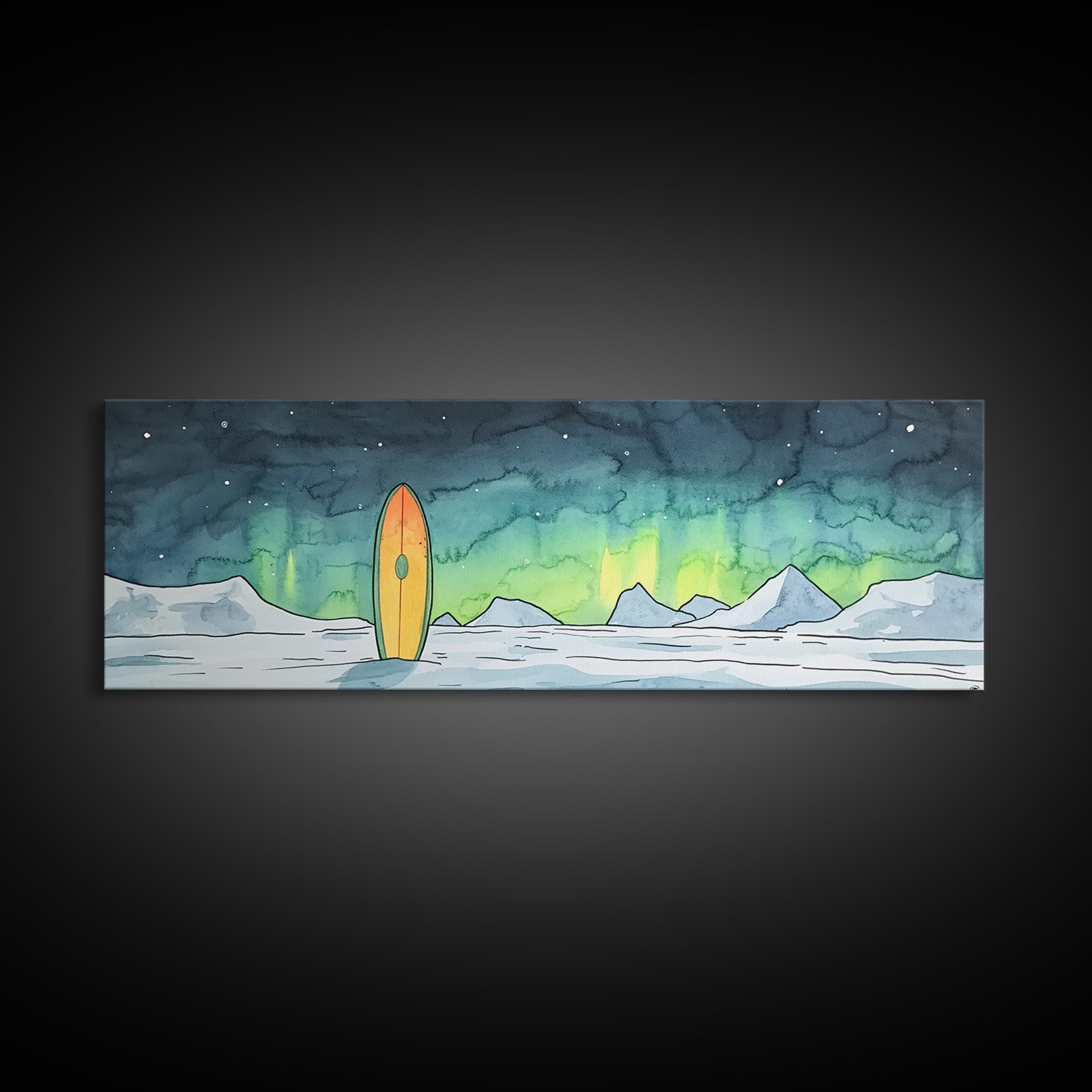 Aurora Surfboard Arctic Mountains Wall Art, Panoramic Canvas Print, Coastal Cabin Decor, Winter Landscape Gift For Beach House